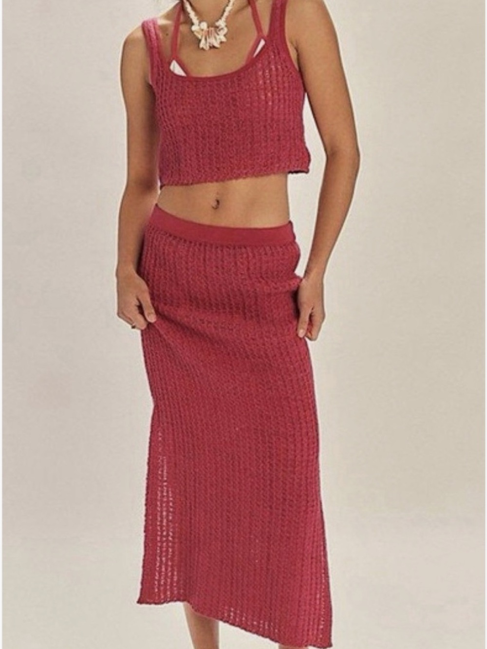Free People Rose-Red Knit Maxi Skirt Set